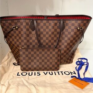 Louis Vuitton Brown Checkered Tote with Red Interior